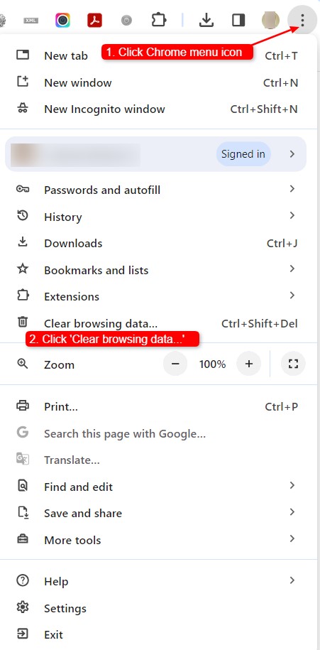 Where to find the Clear Data Browsing item in Chrome menu